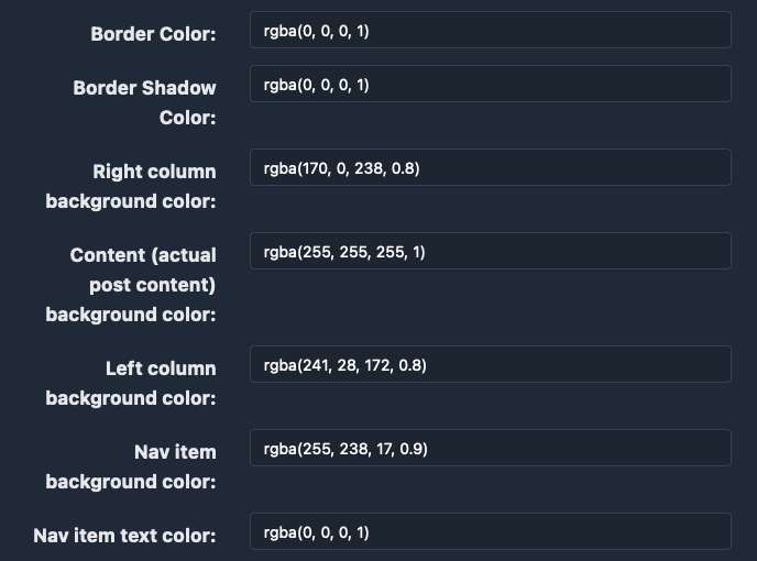 A screenshot of the Micro.blog plugin settings for the Vapor1994 plugin. It shows a sampling of the CSS settings that a user can set which would change the colors used in a site using this plugin.