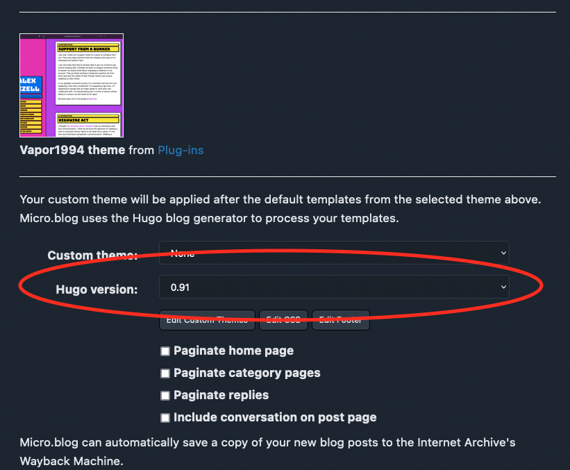 A screenshot of Micro.blog's Design settings page with the Hugo version selection field highlighted with version 0.91 selected.